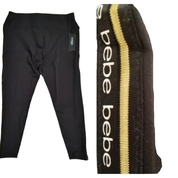 Bebe leggings with gold striping down legs classic Bebe logo repeated - Picture 2 of 9
